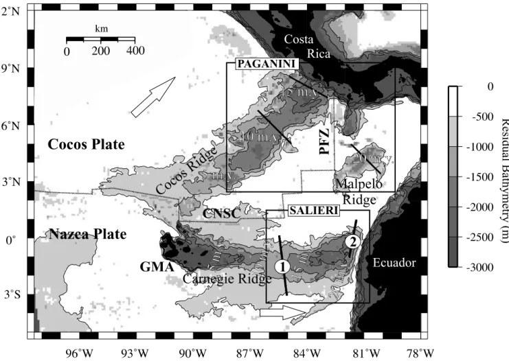 Figure 1. Location map of the study zone showing the residual bathymetry derived from the seafloor age (Mueller et al
