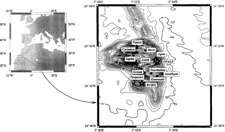 Figure  1.  Location  of  1960s  French nuclear test  site. Explosions are depicted  with  black  circles and stars