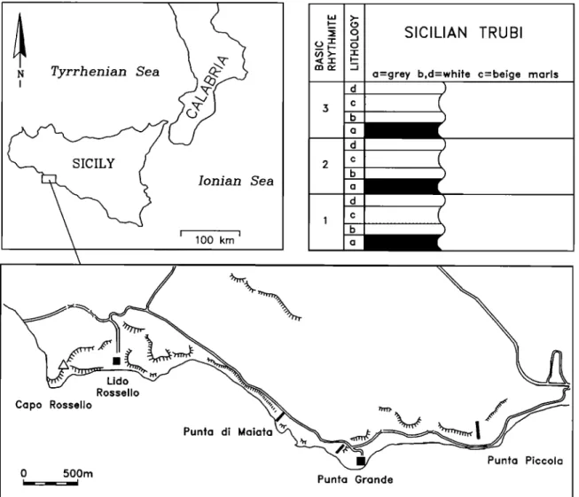 Figure 1. Location  map and schematized  lithology  of carbonate  cycle 101/102  (numbering  quadruplet  cycles  after Hilg en [ 1991 b])