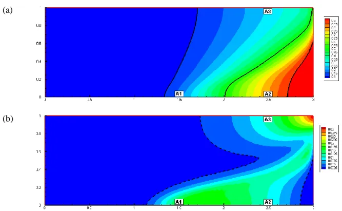 Figure 3. The Henry problem: (a) Spatial map of the mean concentration values (black lines 297 