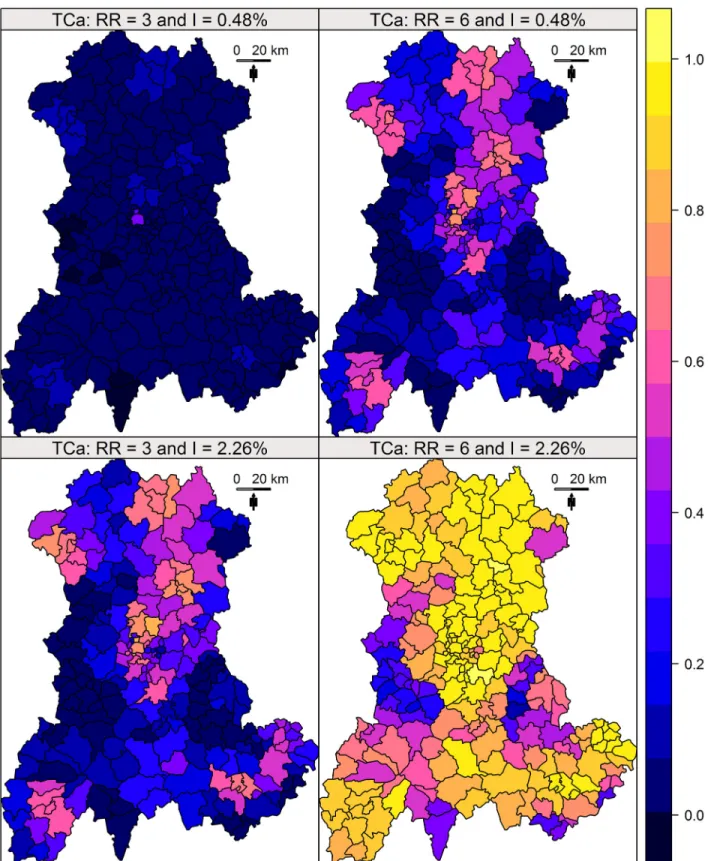 Fig 2. TC a of Kulldorff ’ s spatial scan. TC a measured for four combinations of two relative risks (RR) and two annual incidences of birth defects: low RR = 3 and high RR = 6; low incidence = 0.48% births per year and high incidence = 2.26% births per ye