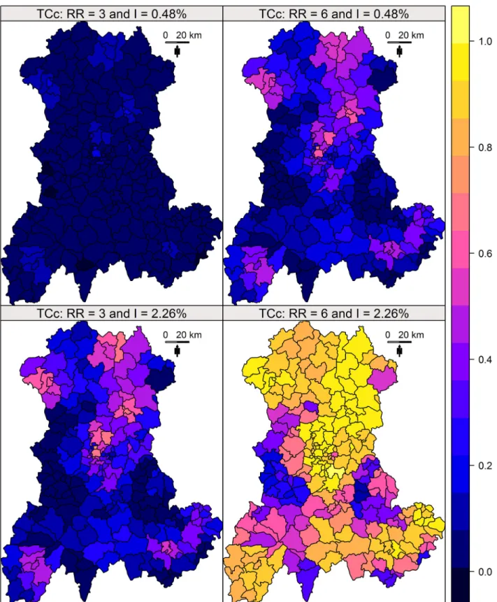 Fig 3. TC c of Kulldorff ’ s spatial scan. TC c measured for four combinations of two relative risks (RR) and two annual incidences of birth defects: low RR = 3 and high RR = 6; low incidence = 0.48% births per year and high incidence = 2.26% births per ye