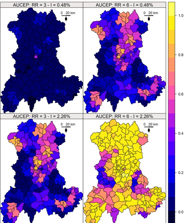 Fig 7. AUC EP of Kulldorff ’ s spatial scan. AUC EP was measured for four combinations of two relative risks (RR) and two annual incidences of birth defects: