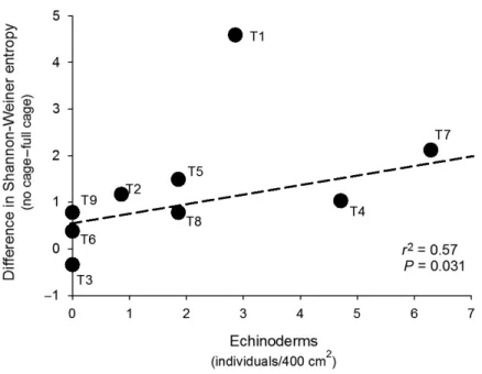 Fig. 6. Difference in mean Shannon-Weiner Diversity (H) entropy (order 1) between no cage and caged treat- treat-ments as a function of the mean echinoderm density measured in the same sediment trays