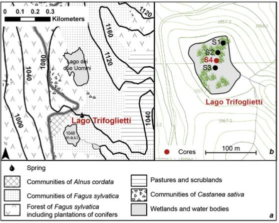Fig. 2. a) Actual vegetation map; b) coring sites of campaign 2009 (S1-S3; Joannin et al., 2012) and 2011 (S4, this study)