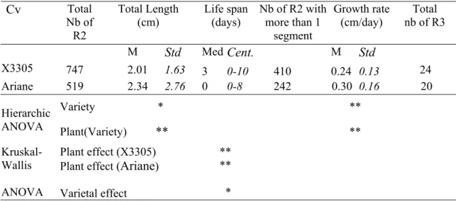 TABLE 3: Total number of secondary (R2) and tertiary roots (R3) per plant. Mean  and standard deviation of the total length (mm), median and centiles (25% and 75%)  of the life span (days) are indicated for all R2 roots