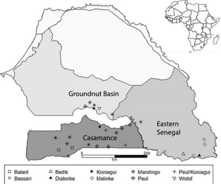 Figure 1 Map of Senegal showing the loca ons of the three study zones. Points symbolize the ethnic iden ty of the villag‐