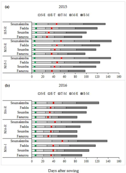 Figure 2. Sorghum genotypes growing stages during the experiments (a) in 2015 and (b) in 2016; Green bar  represents the first conventional application date (emergence), Red bar represents the first late application  date (stem extension), S-E: Sowing to E