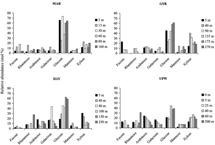 Fig. 3. Relative abundance of total dissolved neutral sugars (TDNS in mol %) at the four stations in the South East Pacific.