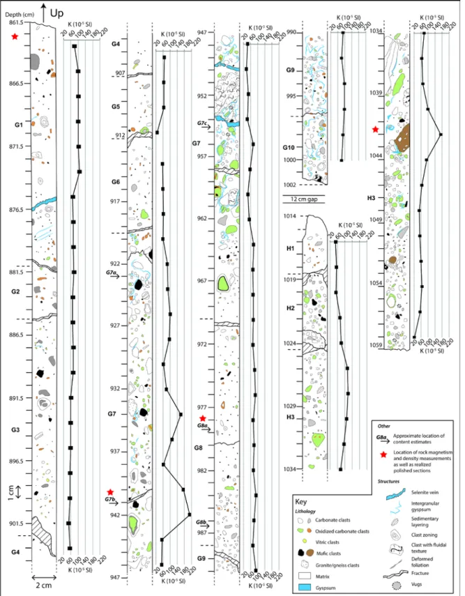 Fig. 6. Geological and magnetic susceptibility logs for the core F2 from section G1 to section H3