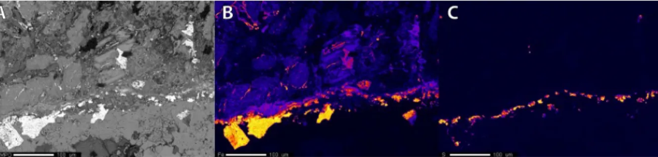 Fig. 7. Rim of Fe oxides and sulfides around a dolerite clast. a) Backscattered electron image