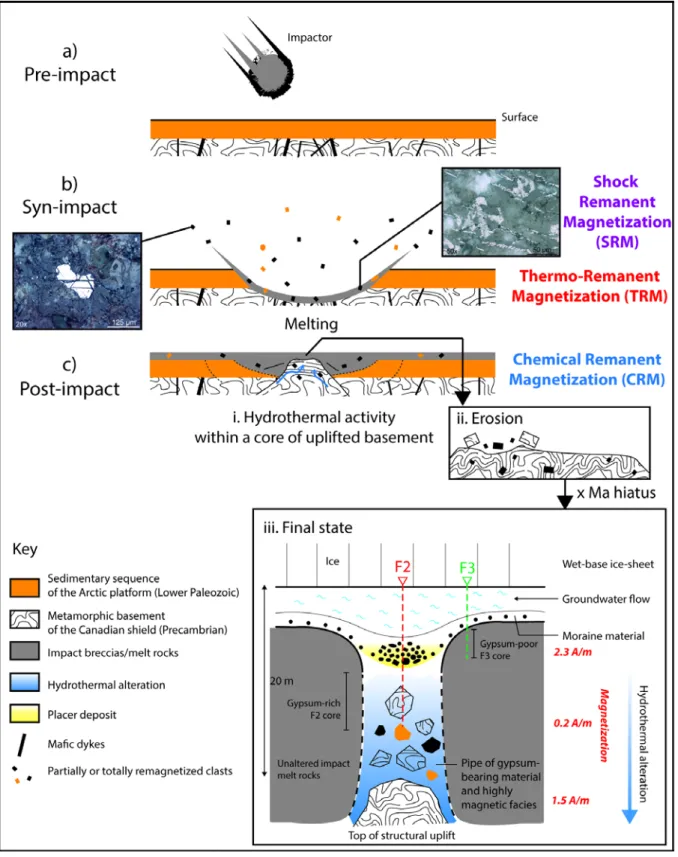 Fig. 10. Simplified model explaining the different pre-, syn- and post-impact geological processes believed to be  responsible for the observed geophysical anomalies  at the  center of the  Haughton impact structure