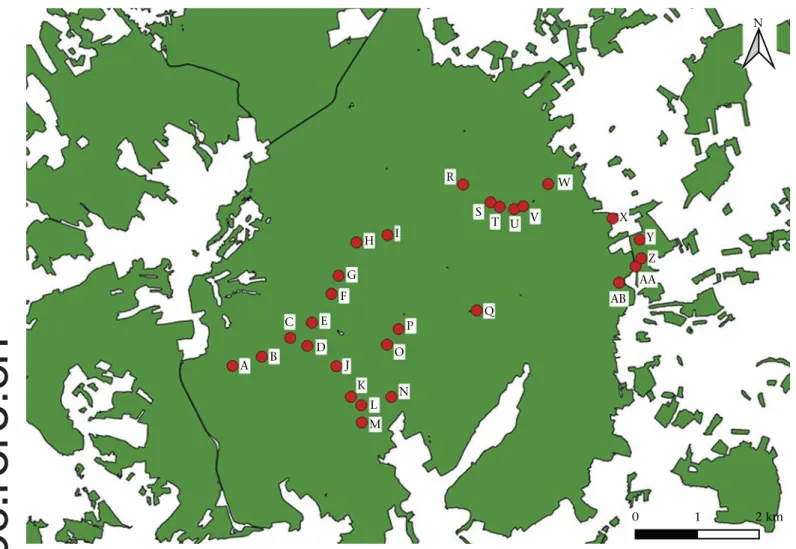 Figure 1. Map of the study area, showing the location (red dots) of the 28 breeding patches (i.e
