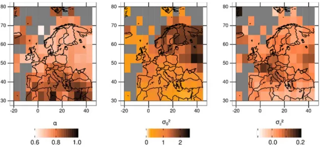 Figure S4: Persistence, inter-annual variability and deviation from additive white noise  model (left, center and right panel respectively), estimated through  Kramers-Moyal-Expansion from instrumental data CRUTEM 4v (Jones et al