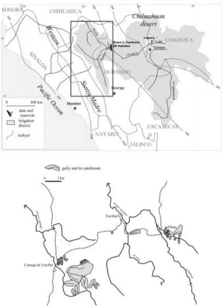 Fig. 1 Localización del área de estudio: arriba parte alta del Nazas, abajo  Ciénega de Escobar y cárcavas en estudio  (tomado de Descroix et al., 2000) 