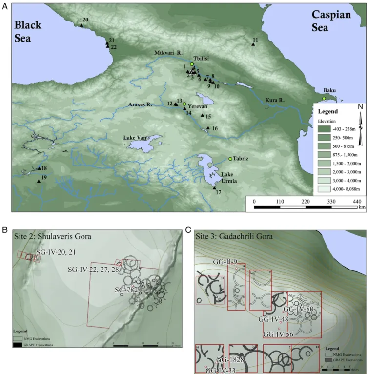 Fig. 1. Map of Shulaveri-Shomutepe Culture sites and other sites mentioned in the text (A) and the early Neolithic settlements of Shulaveris Gora (B) and Gadachrili Gora (C) showing the locations of the analyzed jar sherd samples that were positive for tar