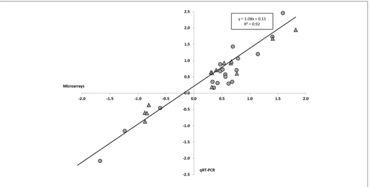 FIGURE 1 | Pearson’s correlation between gene expression levels determined by quantitative reverse transcriptase PCR (qRT-PCR) and microarrays for Hirschfeldia incana