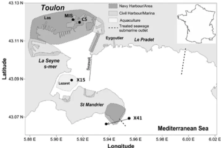 Figure 1. Toulon embayment (left) and immersed cages (right). Black dots show immersion sites