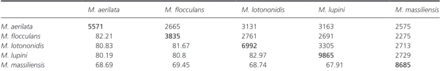 Table 8. Comparative genomic features of Microvirga massiliensis, Microvirga aerilata, Microvirga flocculans, Microvirga lotononidis, and Microvirga  lupini.