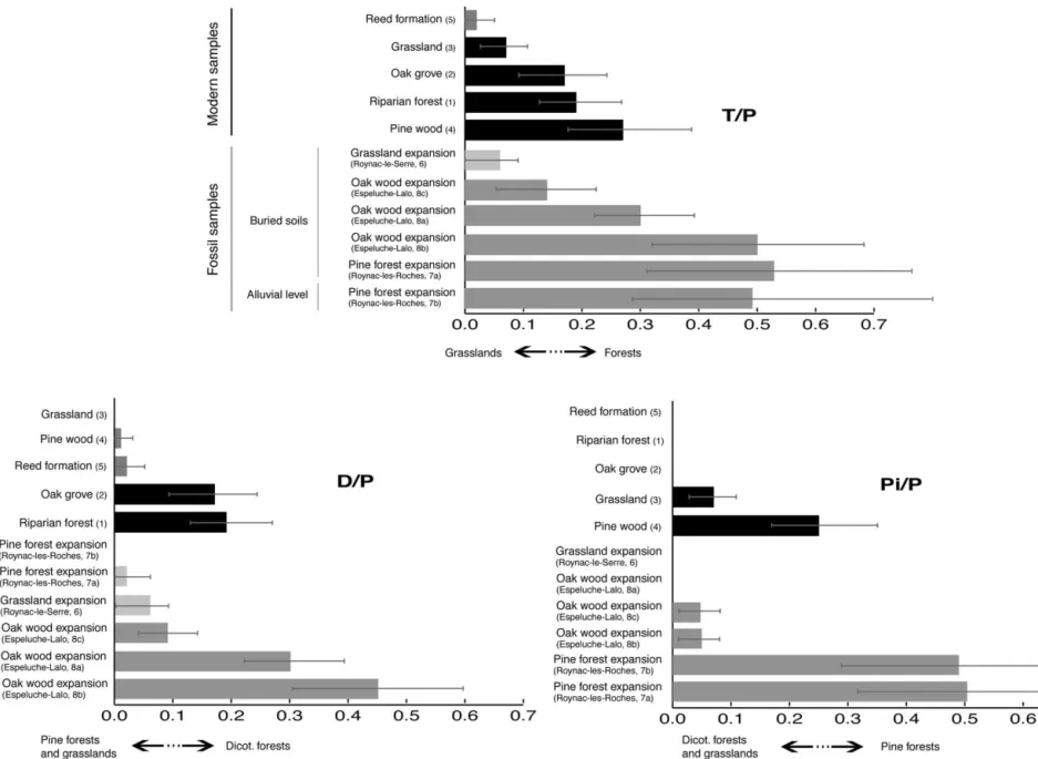 Fig. 5. Graphic representation of T/P (Tree phytoliths versus Poaceae phytoliths) and of its two components, D/P (Dicotyledon phytoliths versus Poaceae phytoliths) and Pi/P (Pinaceae phytoliths versus Poaceae phytoliths) ratios, showing the boundaries betw