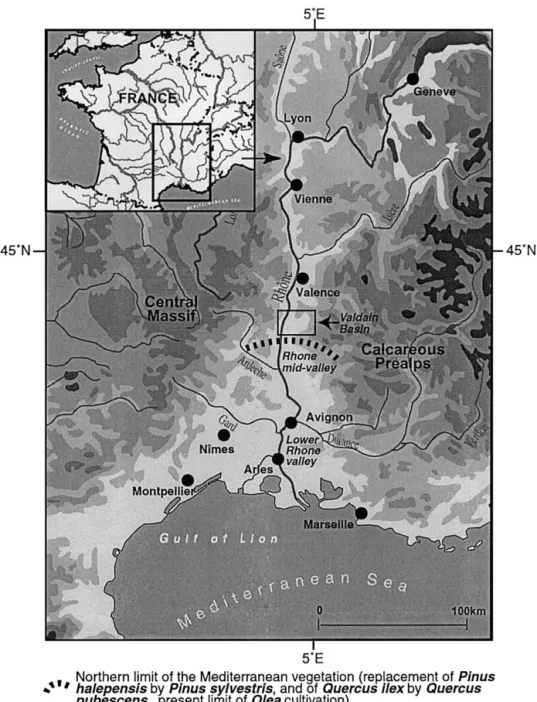 Fig. 1. Location of the middle Rhoˆne valley: the Valdaine Basin and the North limit of the Mediterranean vegetation according to Ozenda (1994).