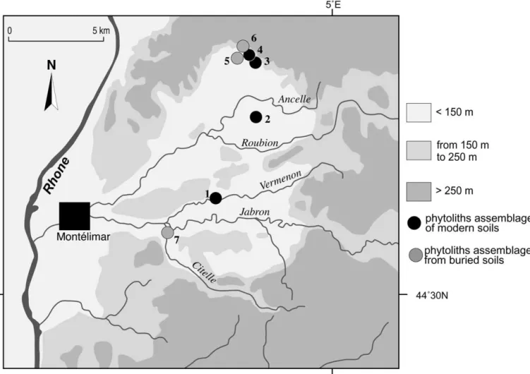 Fig. 2. The Valdaine Basin. Location of the main sampling sites: (1) river forest of Vermenon River at “les feuilles” site, (2) “Andran” forest on gravely Wu¨rmian terrace, (3, 4) south slope of marly hills of Roynac, (5) prehistoric settlement of Roynac-l