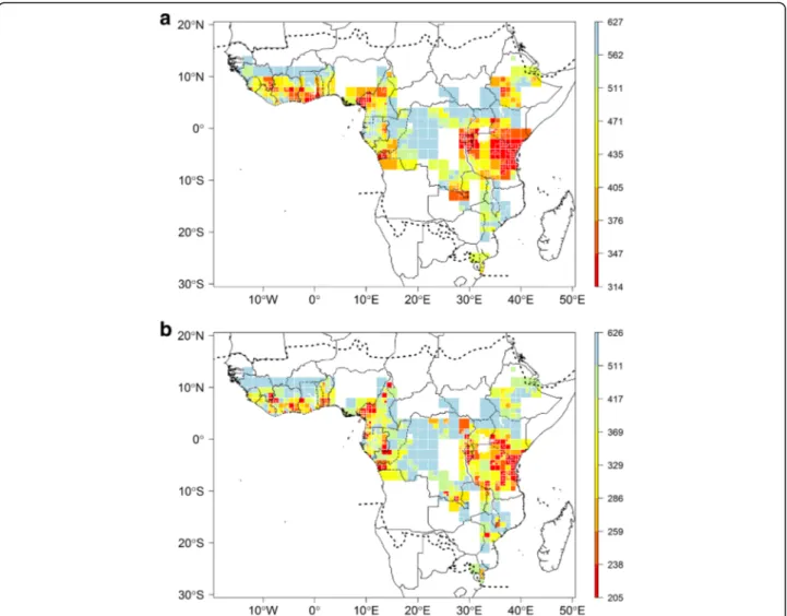 Fig. 6 Floristic turnover rates across tropical Africa. Values based on adaptive resolution sampling unit (explanation see text)