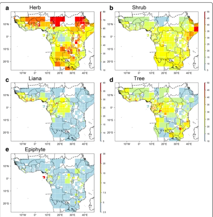 Fig. 8 Distribution of growth form diversity across tropical Africa. Based on an adaptive resolution sampling units (SUs; for explanation see text).