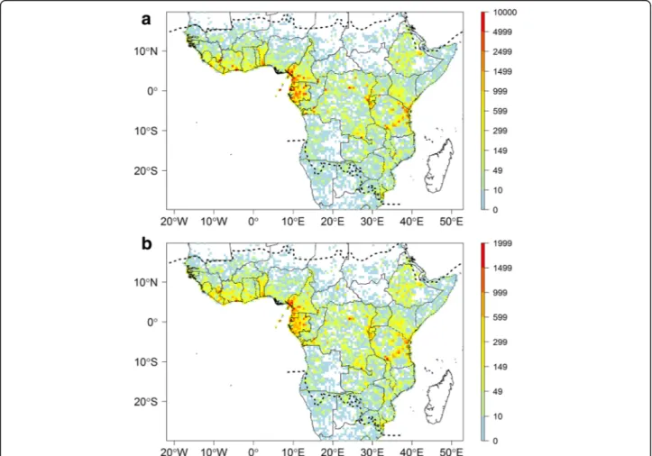 Fig. 1 Distribution of botanical records across tropical Africa. Number of specimens (a) and observed species richness (b) per 0.5° sampling units.
