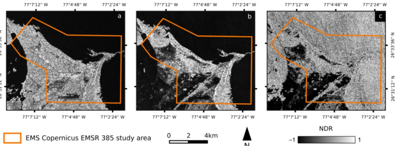 Figure 6. SAR and NDR images for Marsh Harbour area. (a) SAR image from 21 August 2019; (b)  SAR image from 2 September 2019; (c) NDR