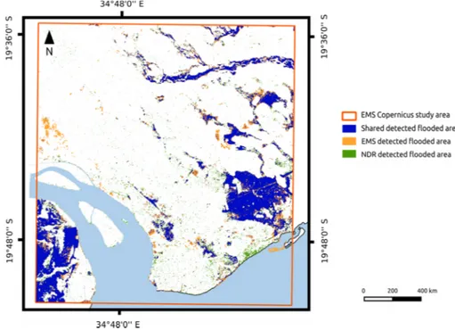Figure 9.  Flood detection comparison between NDR and EMS Copernicus in Beira area. 