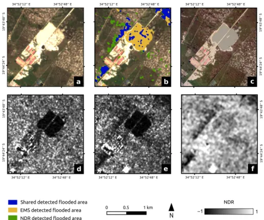 Figure 9.  Flood detection comparison between NDR and EMS Copernicus in Beira area. 