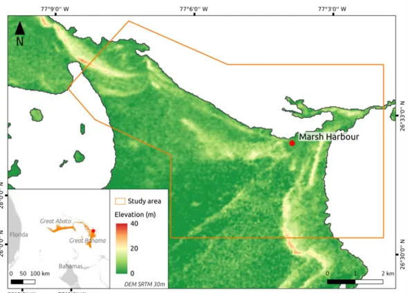 Figure 1. Localization map of Great Bahama and Great Abaco with elevation of study area