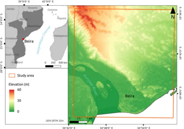 Figure 2. Location of the city of Beira, on the central eastern coast of Mozambique, facing the  Mozambique Channel