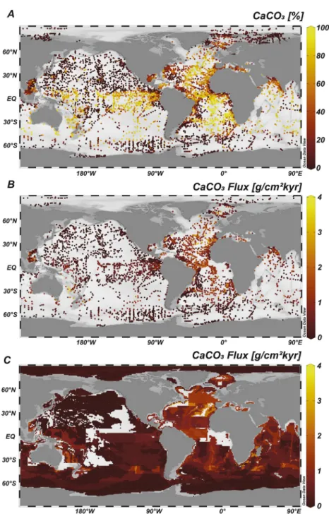 Figure 2.  (a) Weight percentage of CaCO 3 , (b) flux of CaCO 3  in surface sediments using spatially-interpolated Th- Th-normalized fluxes with discrete CaCO 3 % observations, and (c) flux of CaCO 3  using spatially-interpolated Th-normalized  fluxes and 