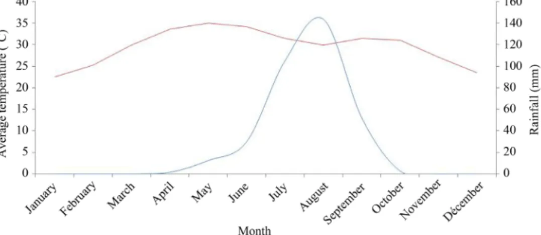 Figure 2. Monthly average temperature trends from 1983 to 2013 (red line) and monthly average  rainfall from 1939 to 2013 (blue line)