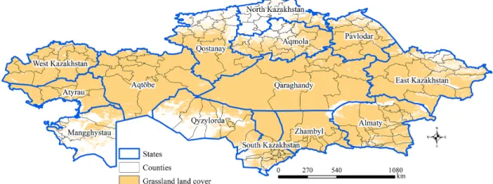 Figure 1. The distribution of grassland cover in Kazakhstan with counties and states shown as administrative boundaries.
