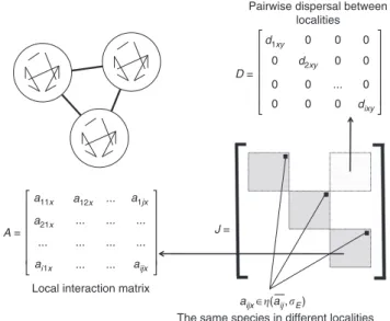 Figure 1 | Conceptual illustration of the Jacobian matrix in random meta-ecosystems. The model represents the dynamics of a