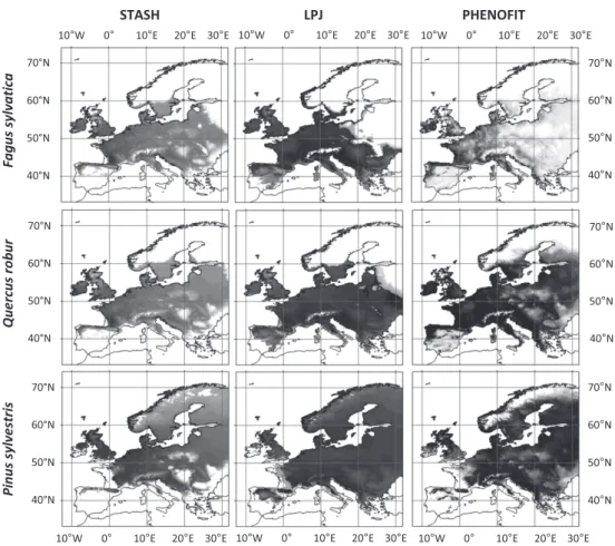 Fig. 2. Projections of the species current distribution (1981-2000) by the individual SDMs (STASH: growth eﬃciency; LPJ: LAI (leaf area index);