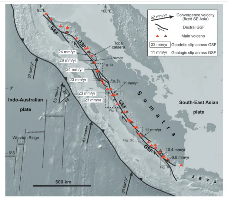 FIGURE 1 | Overview of Sumatra Island, showing the location of the active volcanoes (red triangles from the Smithsonian Global Volcanism Program, red triangles with black frame from Sieh and Natawidjaja, 2000) considered in this study and the GSF.