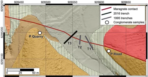 Fig. 8   Map of the Maragrate area showing the extents of trenches T1, T2 and T3. See Fig. 3 for locations  and geological information