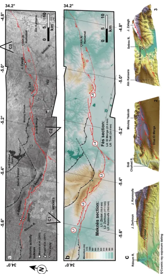 Figure 5. Map of fault  traces overlying (a) the  mosaic of Pléiades  panchromatic scenes  specifically acquired in  the Fès-Meknès region  along the southern Rif  deformation front, and  (b) the digital surface  model (DSM) with 1 m  pixel resolution 