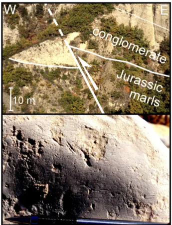 Fig. 2. Examples of striated surfaces used for paleostress analysis. Upper photo: a reverse fault cuts the base of a paleo-canyon inﬁll at site Meunie`re (Fig