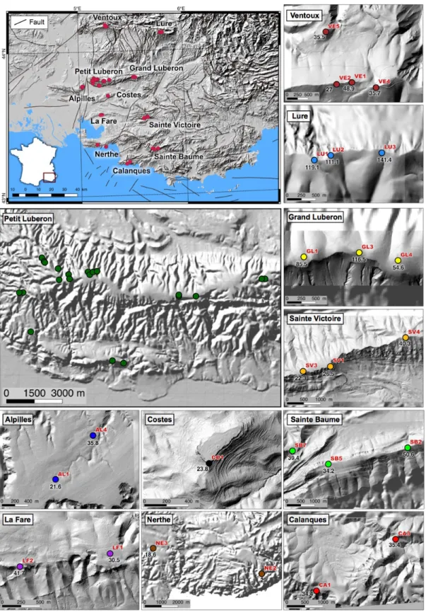 Figure  2  –  Upper-left  inset:  general  situation  of  the  sampled  sites  (red  circles)  in  Western  Provence