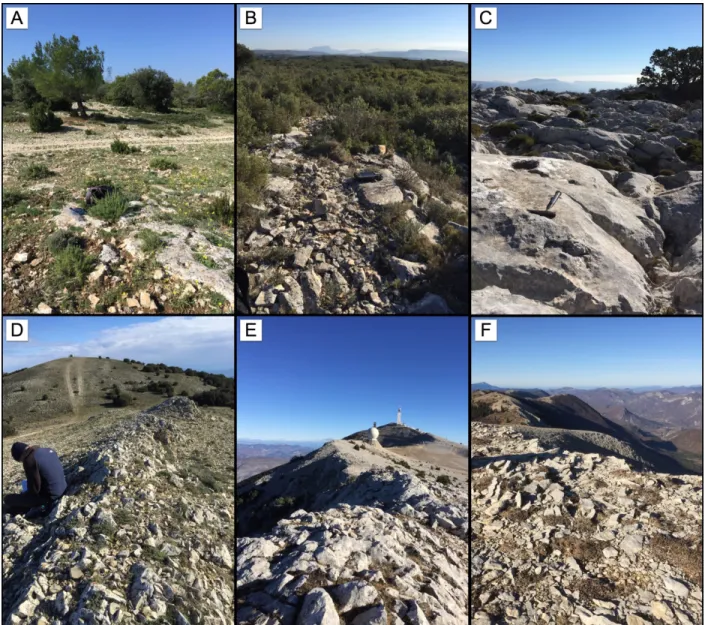Figure  3  -  Field  photographs  of  selected  sampling  sites.  A-B-C:  sampling  locations  on  flat  plateau  surfaces  for  the  Alpilles,  La  Fare  and  Sainte  Baume  mountains  respectively