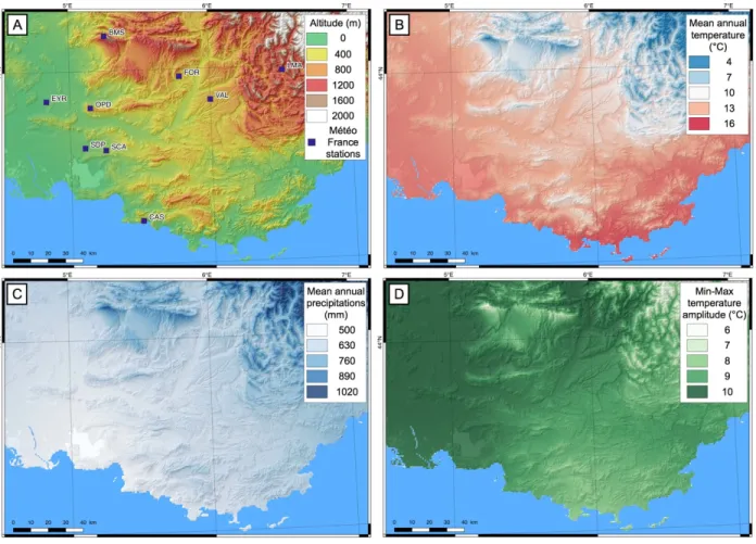 Figure  4  –  A) Topographic  map  of  Provence  displaying  the  location  of  Météo  France  weather  stations used in this work to calibrate WorldClim gridded (1 km resolution) climatic data (Fick  and Hijmans, 2017)