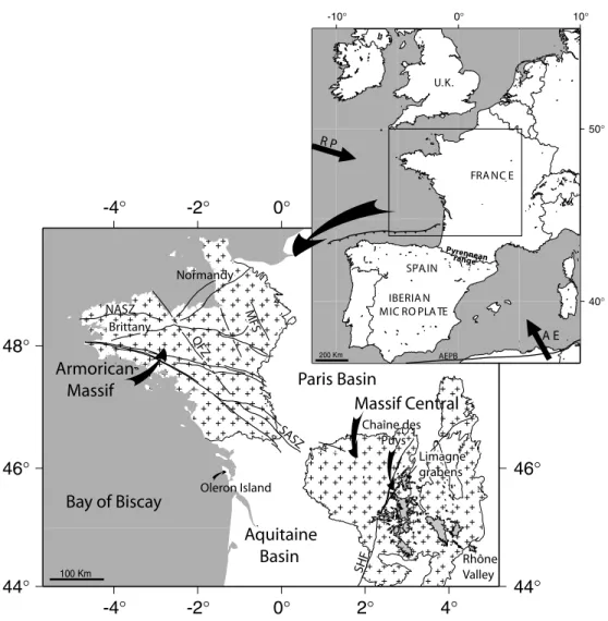 Figure 1. Geological setting of the study area (rectangle). Grey shaded areas in the Massif Central correspond to Cenozoic and Quaternary volcanoes
