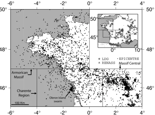 Figure 2. All epicentres (black dots) of the study area. Rectangles enclose the Massif Central, the Charente region and the Armorican Massif subregions.