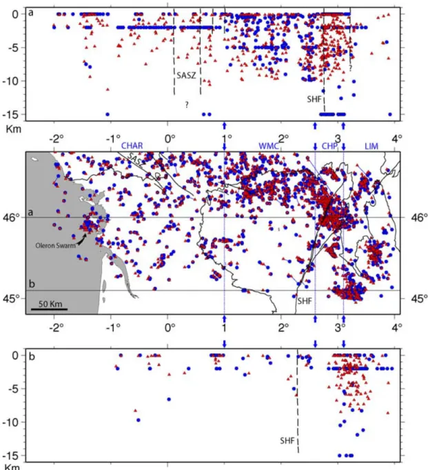 Figure 4. Comparison of epicentres and hypocentres of the Charente region and Massif Central located with the M0 model (Table 1a), shown as circles, and relocated by the joint velocity–velocity model inversion (black triangles)