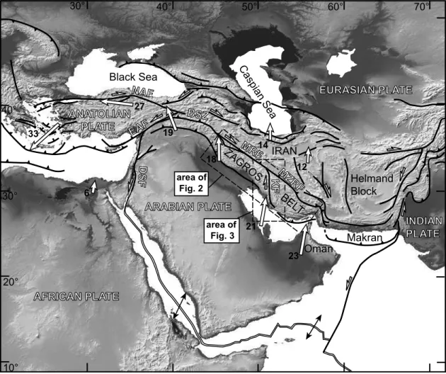 Figure 1. Structural frame of the Alpine collision belt in the Middle East. BSZ, Bitlis Suture Zone;